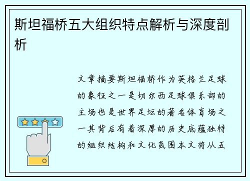 斯坦福桥五大组织特点解析与深度剖析 斯坦福桥五大组织特点解析与深度剖析