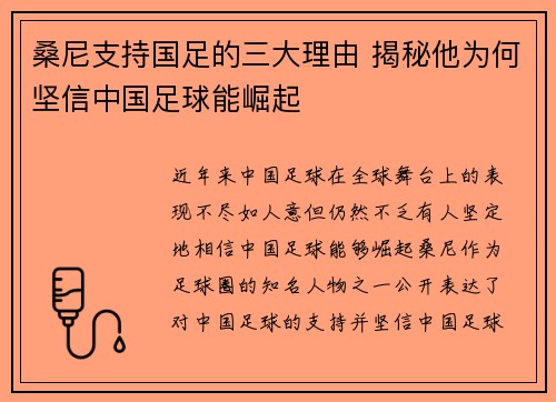 桑尼支持国足的三大理由 揭秘他为何坚信中国足球能崛起 桑尼支持国足的三大理由 揭秘他为何坚信中国足球能崛起